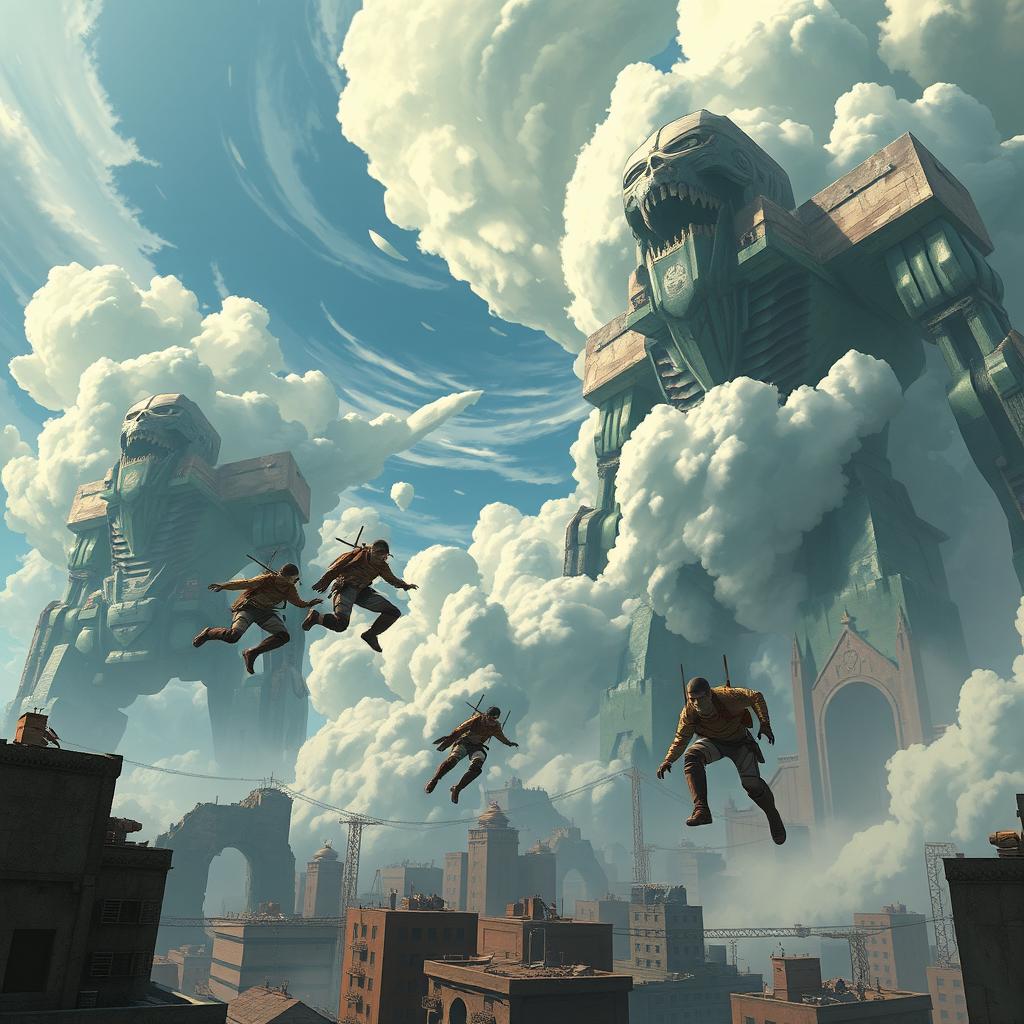 An epic scene inspired by Attack on Titan, showcasing colossal titans towering over a crumbling city, with dramatic clouds swirling in the sky