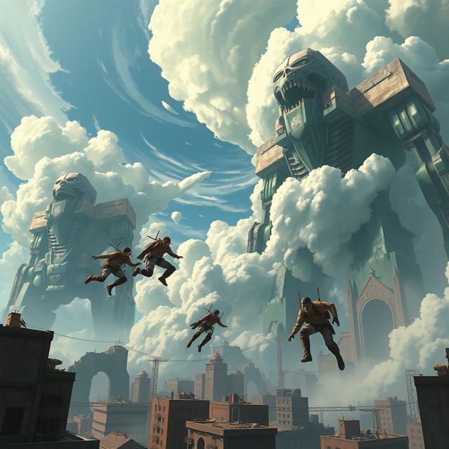 An epic scene inspired by Attack on Titan, showcasing colossal titans towering over a crumbling city, with dramatic clouds swirling in the sky