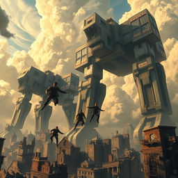 An epic scene inspired by Attack on Titan, showcasing colossal titans towering over a crumbling city, with dramatic clouds swirling in the sky