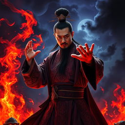 A great Vietnamese magician performing powerful magic, with dramatic gestures and a confident expression