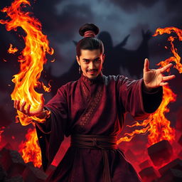 A great Vietnamese magician performing powerful magic, with dramatic gestures and a confident expression