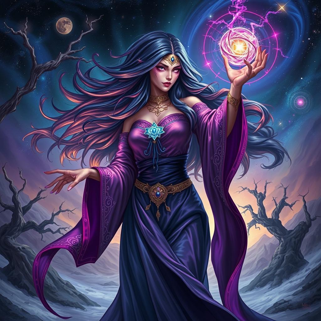 A captivating depiction of an Abberant Mind Sorceress, a magical and ethereal figure dressed in flowing robes that shimmer in shades of deep purples and blues, her attire adorned with intricate patterns and glowing symbols