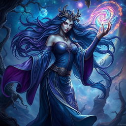 A captivating depiction of an Abberant Mind Sorceress, a magical and ethereal figure dressed in flowing robes that shimmer in shades of deep purples and blues, her attire adorned with intricate patterns and glowing symbols