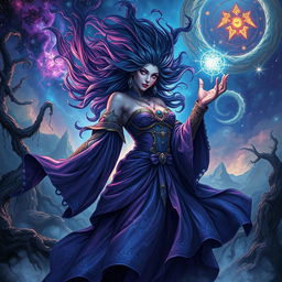 A captivating depiction of an Abberant Mind Sorceress, a magical and ethereal figure dressed in flowing robes that shimmer in shades of deep purples and blues, her attire adorned with intricate patterns and glowing symbols