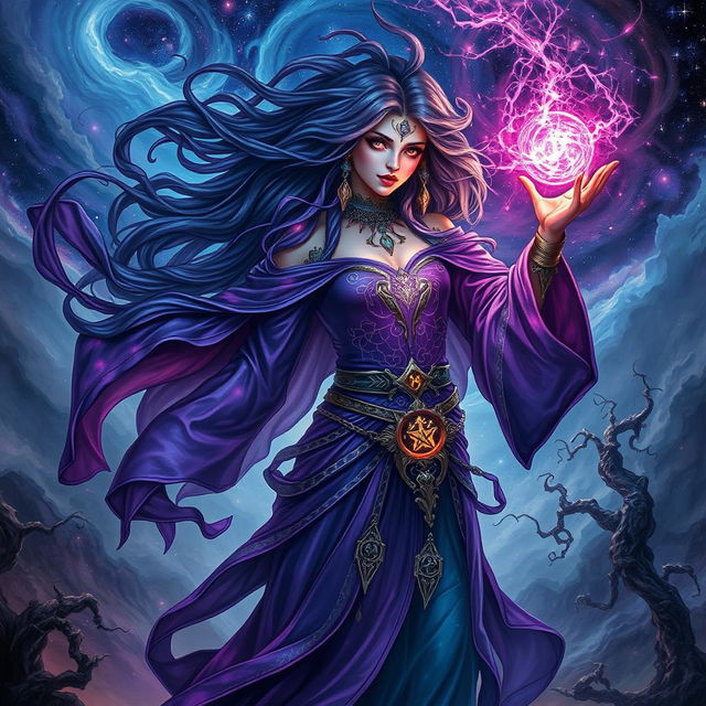 A captivating depiction of an Abberant Mind Sorceress, a magical and ethereal figure dressed in flowing robes that shimmer in shades of deep purples and blues, her attire adorned with intricate patterns and glowing symbols