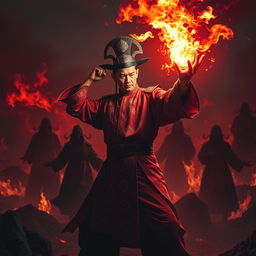 A great Vietnamese magician harnessing powerful magic, depicted in a dramatic stance