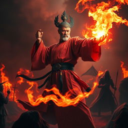 A great Vietnamese magician harnessing powerful magic, depicted in a dramatic stance