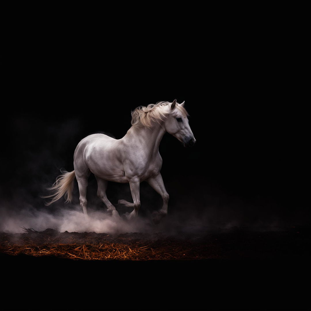 A raw, high-quality photograph taken with a 200mm lens, featuring a white horse against a dark reddish-black background