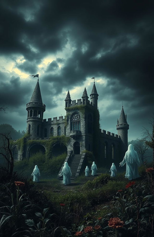 An eerie and melancholic scene depicting a once-beautiful princess's castle now in ruin, overgrown with vines and weeds