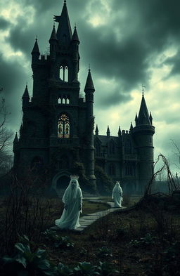 An eerie and melancholic scene depicting a once-beautiful princess's castle now in ruin, overgrown with vines and weeds