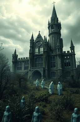 An eerie and melancholic scene depicting a once-beautiful princess's castle now in ruin, overgrown with vines and weeds