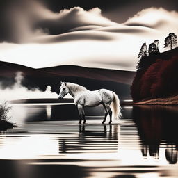 A high-quality, raw 200mm photograph featuring a white horse in a dreamlike environment, either on a hillpoint or by a lake