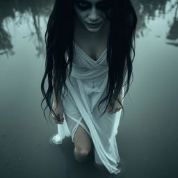 A haunting Thai ghost woman with long black hair and a pallid, corpse-like face