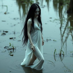 A haunting Thai ghost woman with long black hair and a pallid, corpse-like face