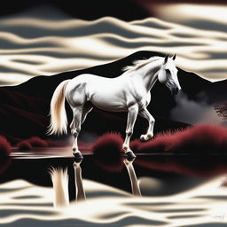 A high-quality, raw 200mm photograph featuring a white horse in a dreamlike environment, either on a hillpoint or by a lake