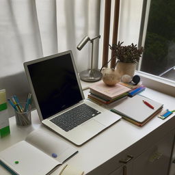 A well-organized study table with a laptop, a lamp, and various study materials neatly arranged.