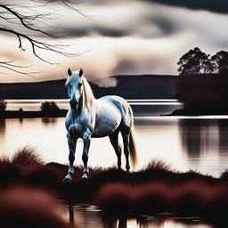 A high-quality, raw 200mm photograph featuring a white horse in a dreamlike environment, either on a hillpoint or by a lake