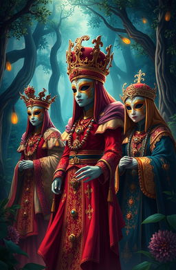 A dramatic and visually striking illustration depicting the concept of 'Hijos de la Corona', featuring masked figures dressed in vibrant, ornate costumes celebrating their royal heritage