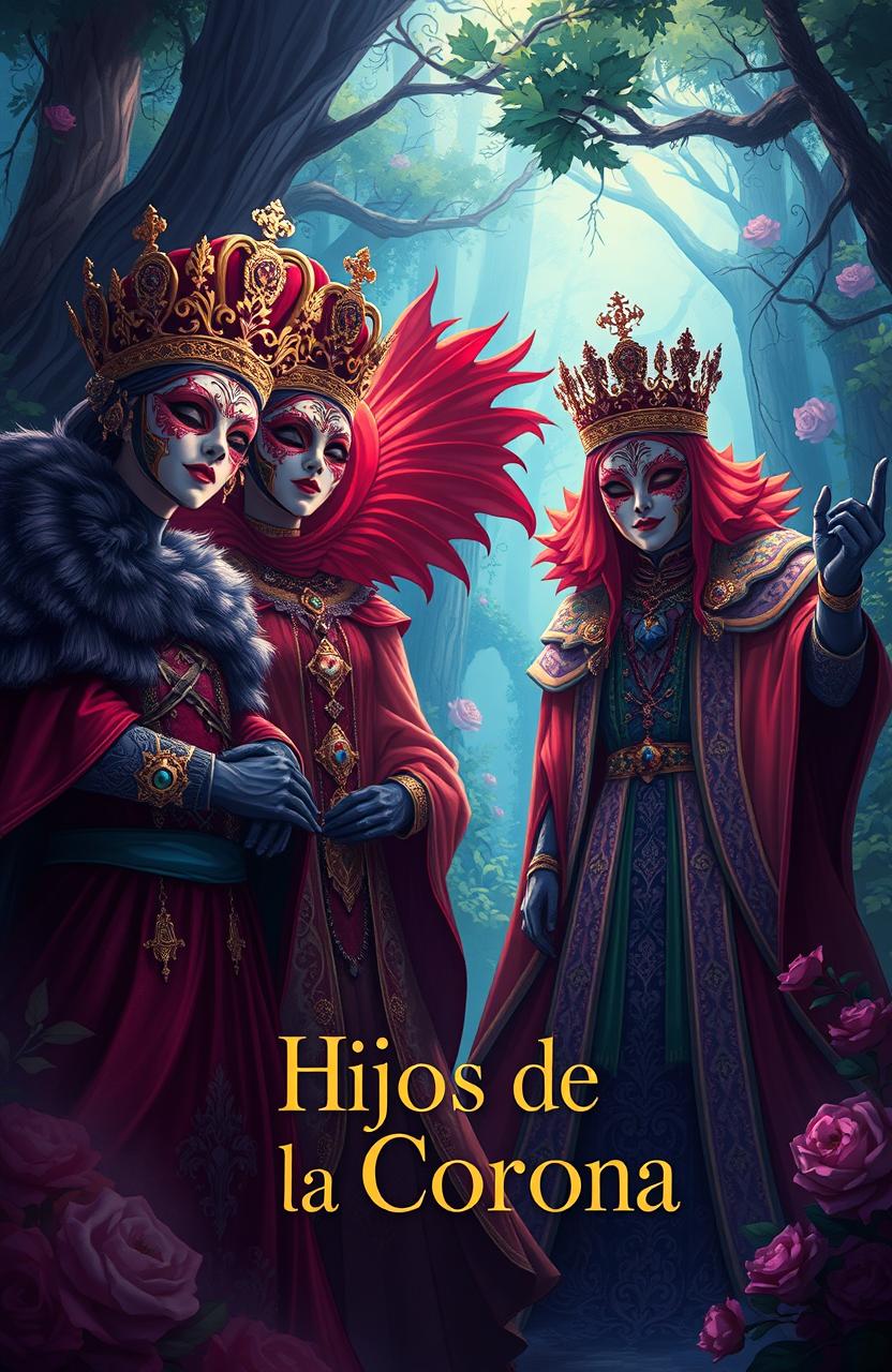 A dramatic and visually striking illustration depicting the concept of 'Hijos de la Corona', featuring masked figures dressed in vibrant, ornate costumes celebrating their royal heritage