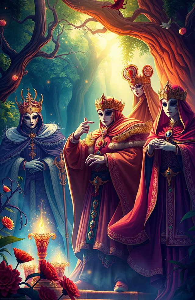 A dramatic and visually striking illustration depicting the concept of 'Hijos de la Corona', featuring masked figures dressed in vibrant, ornate costumes celebrating their royal heritage