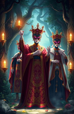 A dramatic and visually striking illustration depicting the concept of 'Hijos de la Corona', featuring masked figures dressed in vibrant, ornate costumes celebrating their royal heritage
