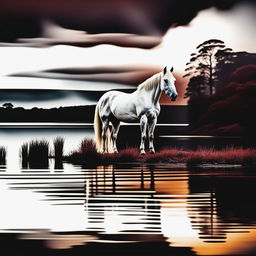 A high-quality, raw 200mm photograph featuring a white horse in a dreamlike environment, either on a hillpoint or by a lake