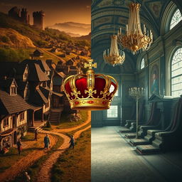 An artistic split image depicting a contrasting scene: on the left half, a humble medieval village with rustic cottages, dirt paths, and villagers going about their daily lives, exuding a warm, simple atmosphere