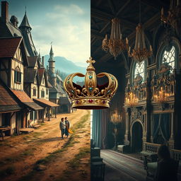 An artistic split image depicting a contrasting scene: on the left half, a humble medieval village with rustic cottages, dirt paths, and villagers going about their daily lives, exuding a warm, simple atmosphere