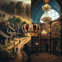 An artistic split image depicting a contrasting scene: on the left half, a humble medieval village with rustic cottages, dirt paths, and villagers going about their daily lives, exuding a warm, simple atmosphere