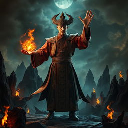 A great Vietnamese magician showcasing his magical prowess, surrounded by an evocative background that depicts a hellish landscape