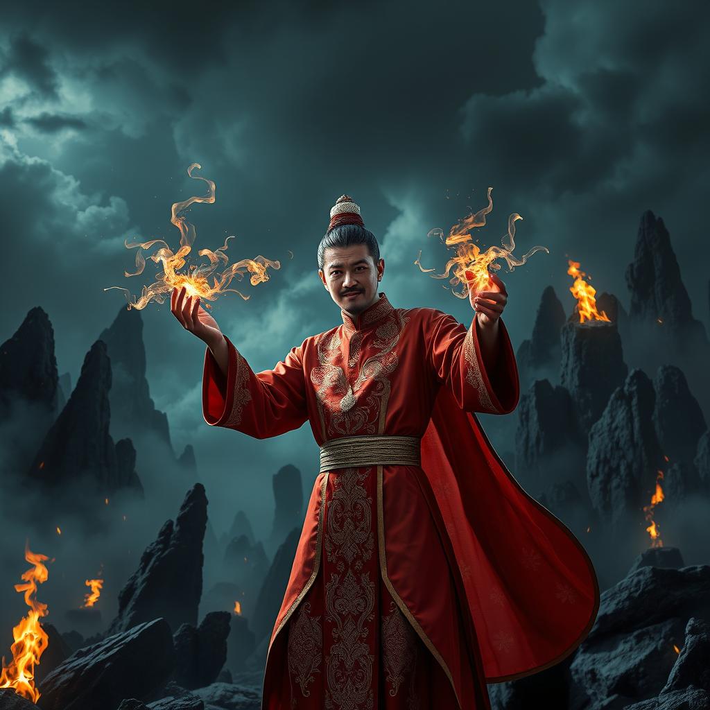 A great Vietnamese magician showcasing his magical prowess, surrounded by an evocative background that depicts a hellish landscape