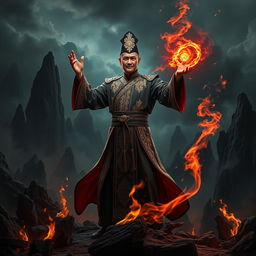 A great Vietnamese magician showcasing his magical prowess, surrounded by an evocative background that depicts a hellish landscape
