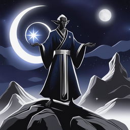 A digital art image of a male dark elf monk with ebony skin and silver hair