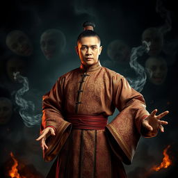 A great Vietnamese magician exuding power and charisma, standing confidently amidst a striking background that embodies hellish elements