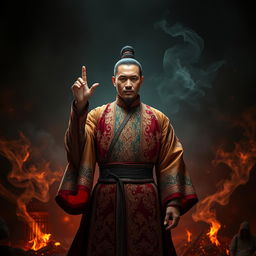 A great Vietnamese magician exuding power and charisma, standing confidently amidst a striking background that embodies hellish elements