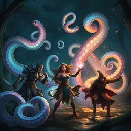 An imaginative scene featuring a group of adventurers in a Dungeons & Dragons setting being ensnared by magical, swirling tentacles