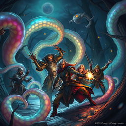 An imaginative scene featuring a group of adventurers in a Dungeons & Dragons setting being ensnared by magical, swirling tentacles