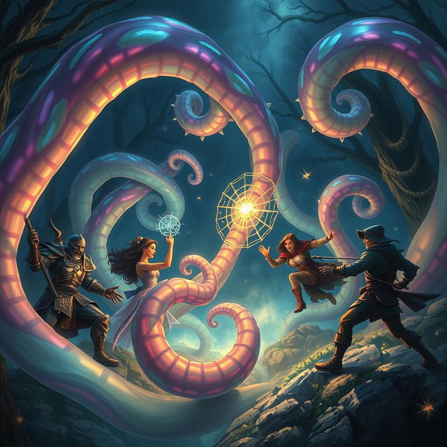 An imaginative scene featuring a group of adventurers in a Dungeons & Dragons setting being ensnared by magical, swirling tentacles