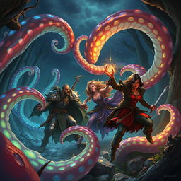 An imaginative scene featuring a group of adventurers in a Dungeons & Dragons setting being ensnared by magical, swirling tentacles