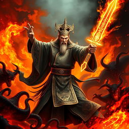 A great Vietnamese magician brandishing a dazzling magic sword, poised to destroy demons in a fiery hell