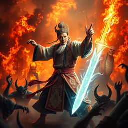 A great Vietnamese magician brandishing a dazzling magic sword, poised to destroy demons in a fiery hell