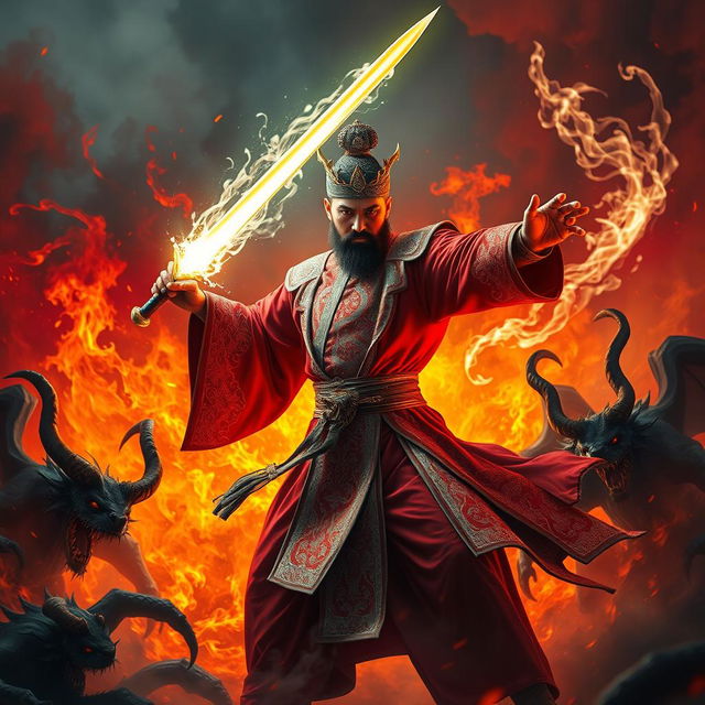 A great Vietnamese magician brandishing a dazzling magic sword, poised to destroy demons in a fiery hell