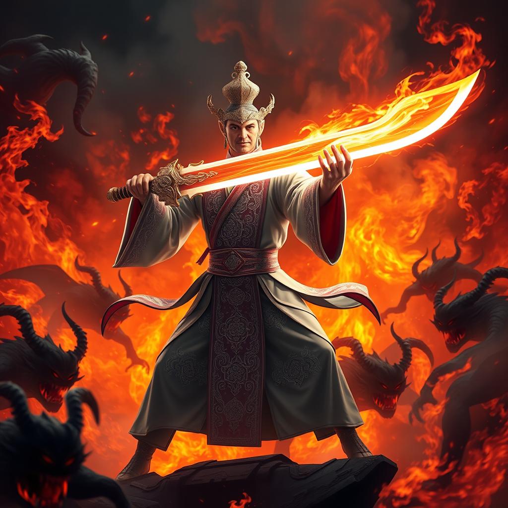 A great Vietnamese magician brandishing a dazzling magic sword, poised to destroy demons in a fiery hell