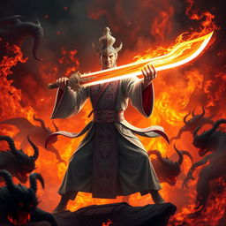 A great Vietnamese magician brandishing a dazzling magic sword, poised to destroy demons in a fiery hell