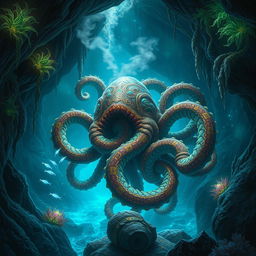 A fantastical Dungeons & Dragons scene featuring a mysterious underwater cave illuminated by bioluminescent plants