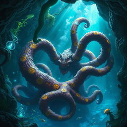 A fantastical Dungeons & Dragons scene featuring a mysterious underwater cave illuminated by bioluminescent plants
