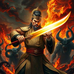 A great Vietnamese magician gripping a magnificent magic sword, poised to vanquish demons in a hellish landscape