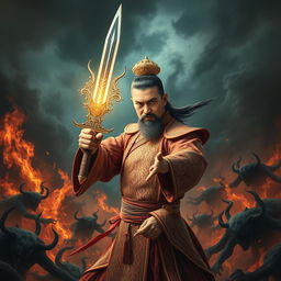 A great Vietnamese magician gripping a magnificent magic sword, poised to vanquish demons in a hellish landscape