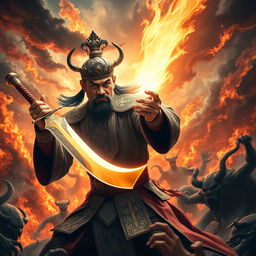 A great Vietnamese magician gripping a magnificent magic sword, poised to vanquish demons in a hellish landscape