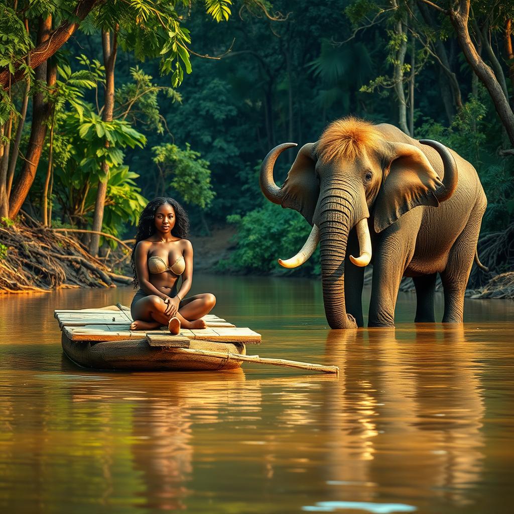 A vibrant, lush forest surrounding a muddy river, with a focus on a wooden raft gently floating on the murky waters